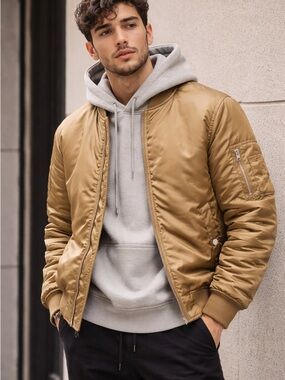 H&M Satin Bomber Jacket Gold Tan Minimalist Streetwear Men’s Size Medium